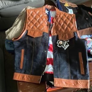 Biker vest blue denim brown leather Medium